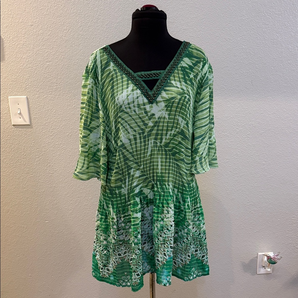 Catherines Green Patterned V-Neck Top with Beaded Trim - Picture 8 of 8